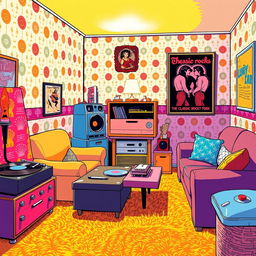 A vibrant retro-themed illustration depicting a room from the late 1970s, with stylish furniture, patterned wallpaper, and vintage decor