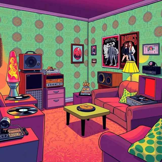 A vibrant retro-themed illustration depicting a room from the late 1970s, with stylish furniture, patterned wallpaper, and vintage decor