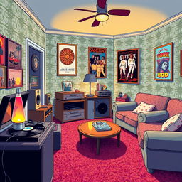 A vibrant retro-themed illustration depicting a room from the late 1970s, with stylish furniture, patterned wallpaper, and vintage decor