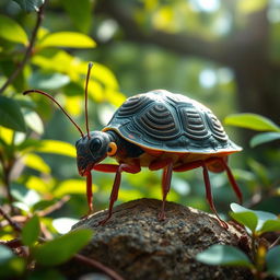 A whimsical creature that is a combination of an ant and a turtle, featuring the distinctive shell of a turtle with the segmented body and legs of an ant