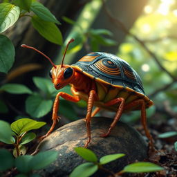 A whimsical creature that is a combination of an ant and a turtle, featuring the distinctive shell of a turtle with the segmented body and legs of an ant