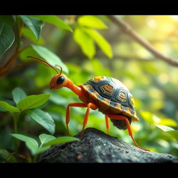 A whimsical creature that is a combination of an ant and a turtle, featuring the distinctive shell of a turtle with the segmented body and legs of an ant