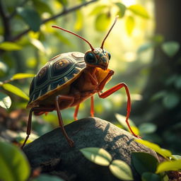 A whimsical creature that is a combination of an ant and a turtle, featuring the distinctive shell of a turtle with the segmented body and legs of an ant