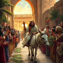 A vibrant and detailed scene depicting Jesus riding a humble donkey through the Eastern Gate of Jerusalem