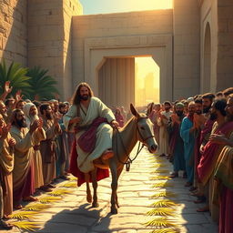 A vibrant and detailed scene depicting Jesus riding a humble donkey through the Eastern Gate of Jerusalem