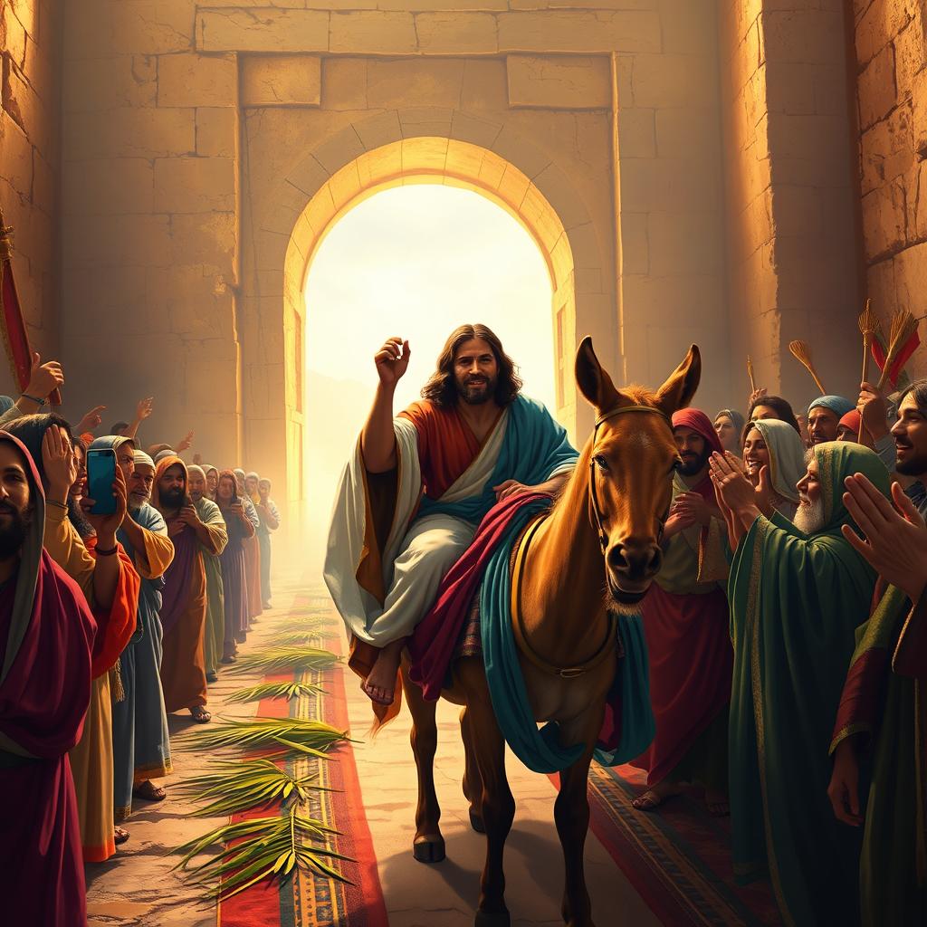 A vibrant and detailed scene depicting Jesus riding a humble donkey through the Eastern Gate of Jerusalem