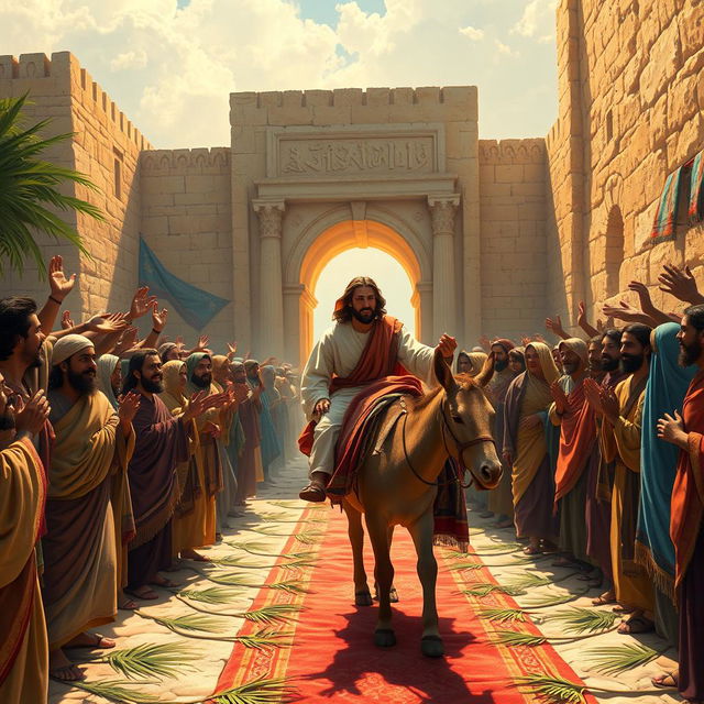 A vibrant and detailed scene depicting Jesus riding a humble donkey through the Eastern Gate of Jerusalem