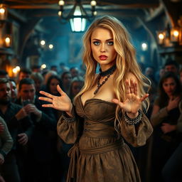 A captivating scene captures a sexy and sweet 18-year-old girl with a thin face and long messy blond hair, positioned in front of a crowded medieval saloon