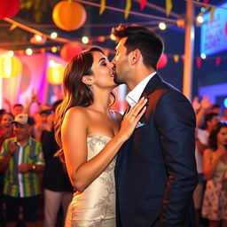 A vibrant scene capturing Georgina Rodriguez, Ronaldo's wife, sharing a sweet kiss with Lionel Messi