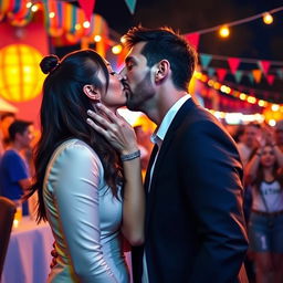 A vibrant scene capturing Georgina Rodriguez, Ronaldo's wife, sharing a sweet kiss with Lionel Messi