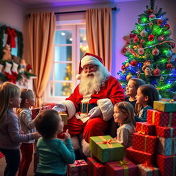 Santa Claus in a cozy, warmly lit room decorated for Christmas, surrounded by a beautifully adorned Christmas tree twinkling with colorful lights