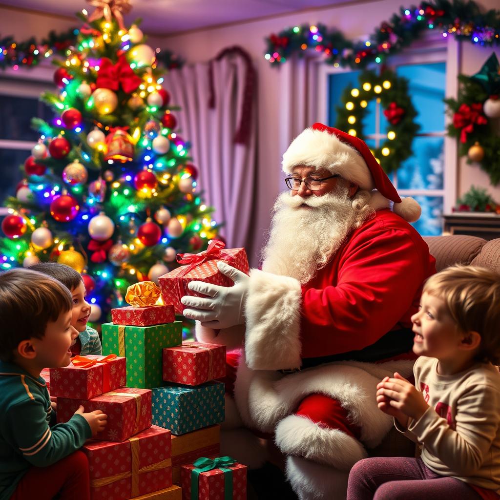 Santa Claus in a cozy, warmly lit room decorated for Christmas, surrounded by a beautifully adorned Christmas tree twinkling with colorful lights