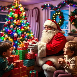 Santa Claus in a cozy, warmly lit room decorated for Christmas, surrounded by a beautifully adorned Christmas tree twinkling with colorful lights