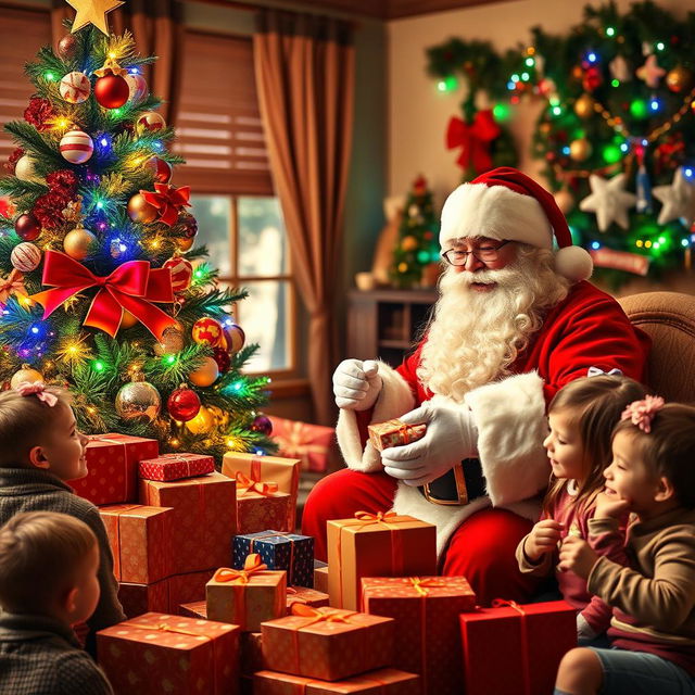 Santa Claus in a cozy, warmly lit room decorated for Christmas, surrounded by a beautifully adorned Christmas tree twinkling with colorful lights