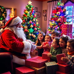 Santa Claus in a cozy, warmly lit room decorated for Christmas, surrounded by a beautifully adorned Christmas tree twinkling with colorful lights