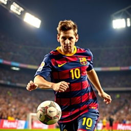 A portrait of Lionel Messi, the legendary football player, in an action pose during a match