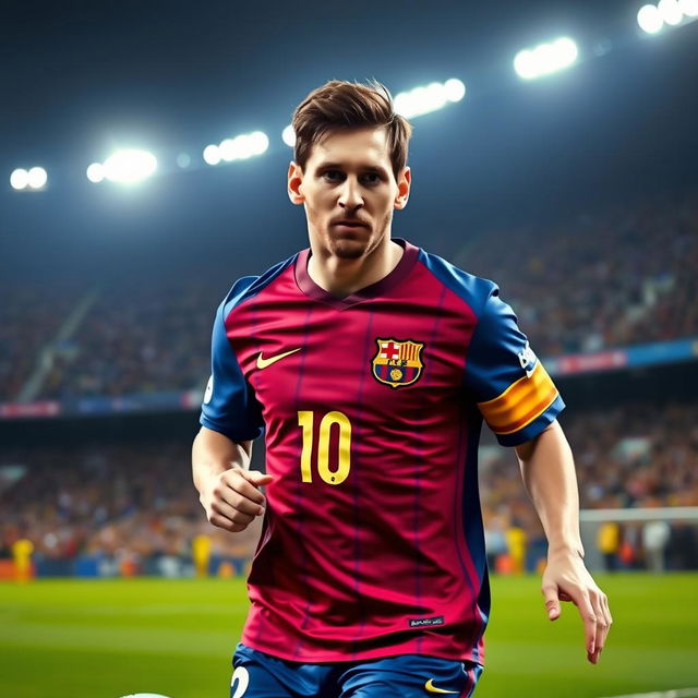 A portrait of Lionel Messi, the legendary football player, in an action pose during a match