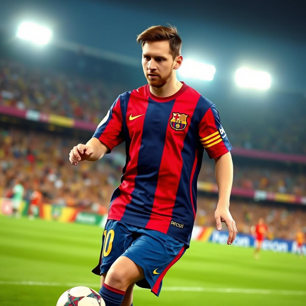 A portrait of Lionel Messi, the legendary football player, in an action pose during a match