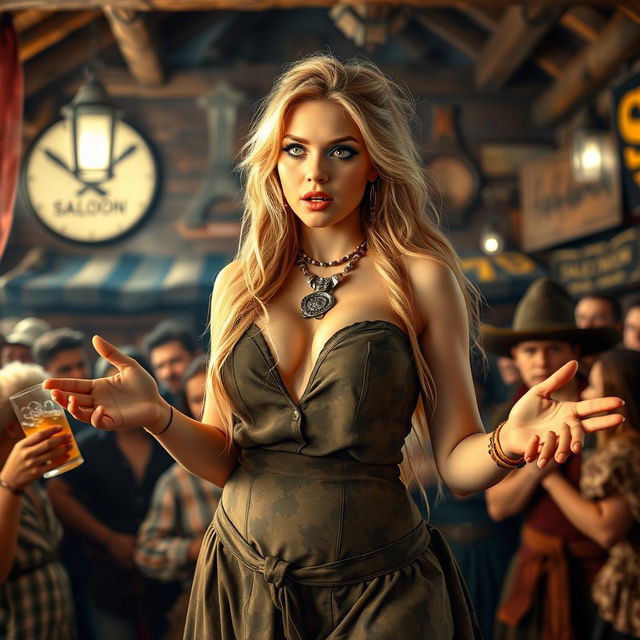 A vibrant scene featuring a sexy, sweet, and innocent 18-year-old girl with a thin face and very long disheveled blond hair, positioned in front of a lively medieval saloon