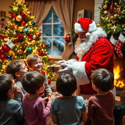 A joyful scene featuring the real Santa Claus in a cozy room decorated for Christmas, with a beautifully adorned Christmas tree filled with colorful ornaments and twinkling lights