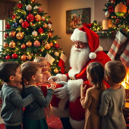 A joyful scene featuring the real Santa Claus in a cozy room decorated for Christmas, with a beautifully adorned Christmas tree filled with colorful ornaments and twinkling lights