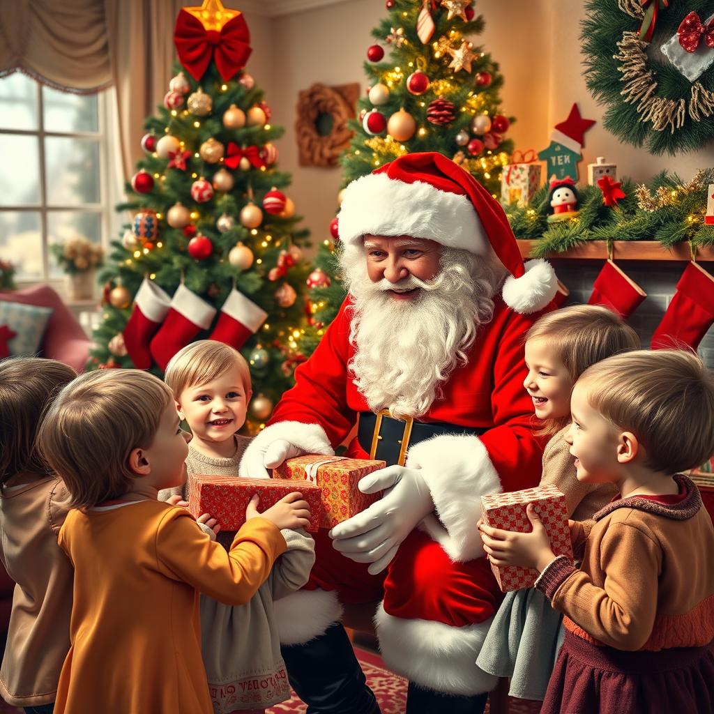 A joyful scene featuring the real Santa Claus in a cozy room decorated for Christmas, with a beautifully adorned Christmas tree filled with colorful ornaments and twinkling lights