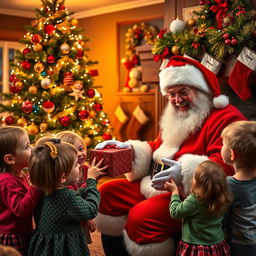 A joyful scene featuring the real Santa Claus in a cozy room decorated for Christmas, with a beautifully adorned Christmas tree filled with colorful ornaments and twinkling lights