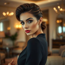 A close-up portrait of a glamorous woman with an elegant hairstyle and stylish makeup, exuding confidence and sophistication