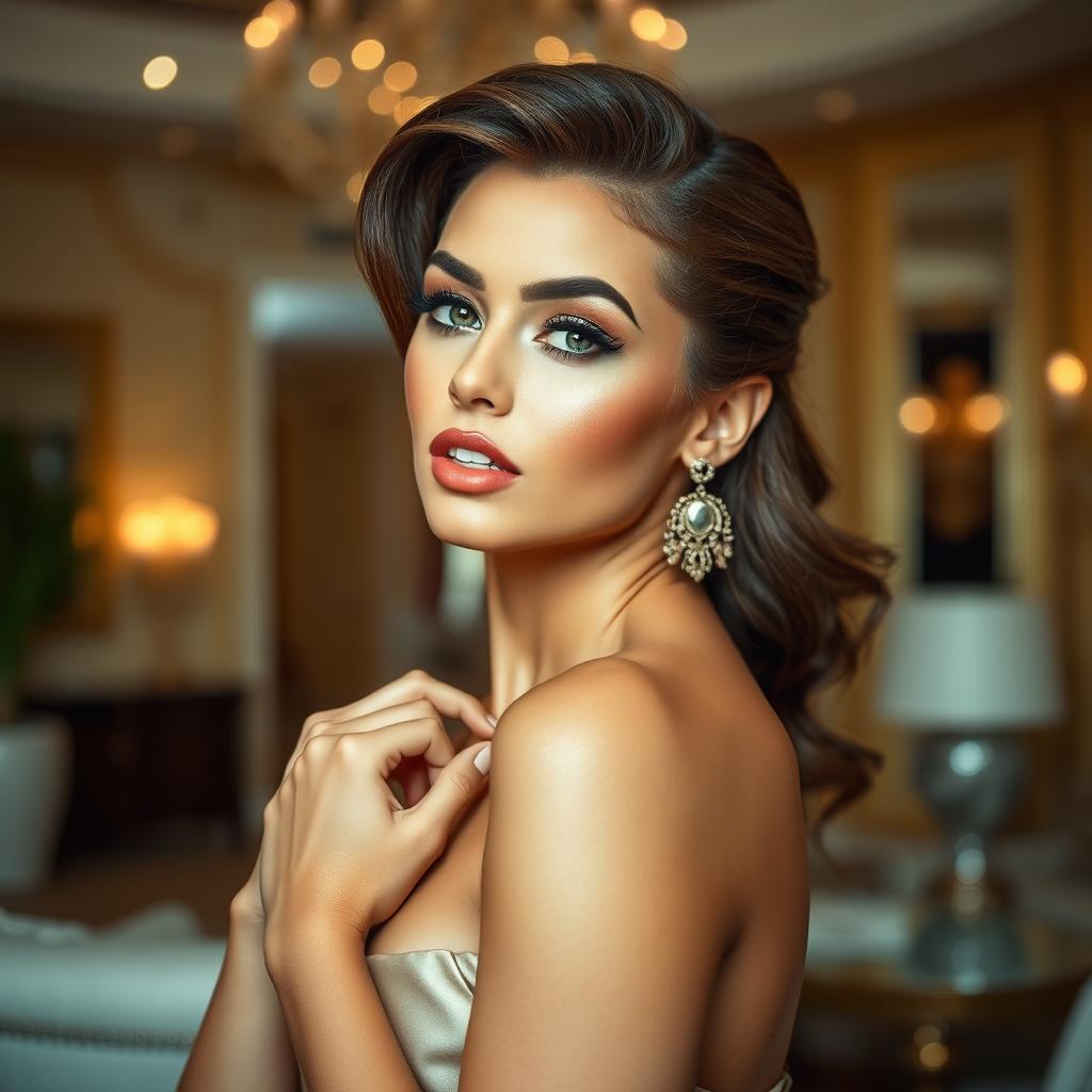 A close-up portrait of a glamorous woman with an elegant hairstyle and stylish makeup, exuding confidence and sophistication