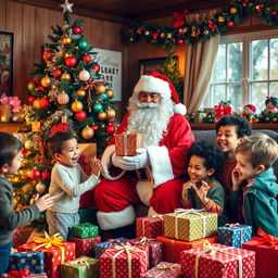 A real Santa Claus in a cozy room decorated for Christmas, standing next to a beautifully adorned Christmas tree with colorful ornaments