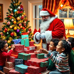A real Santa Claus in a cozy room decorated for Christmas, standing next to a beautifully adorned Christmas tree with colorful ornaments