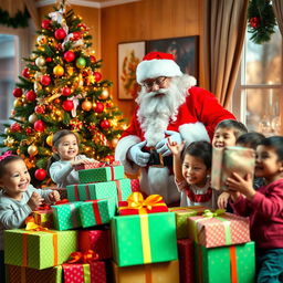 A real Santa Claus in a cozy room decorated for Christmas, standing next to a beautifully adorned Christmas tree with colorful ornaments