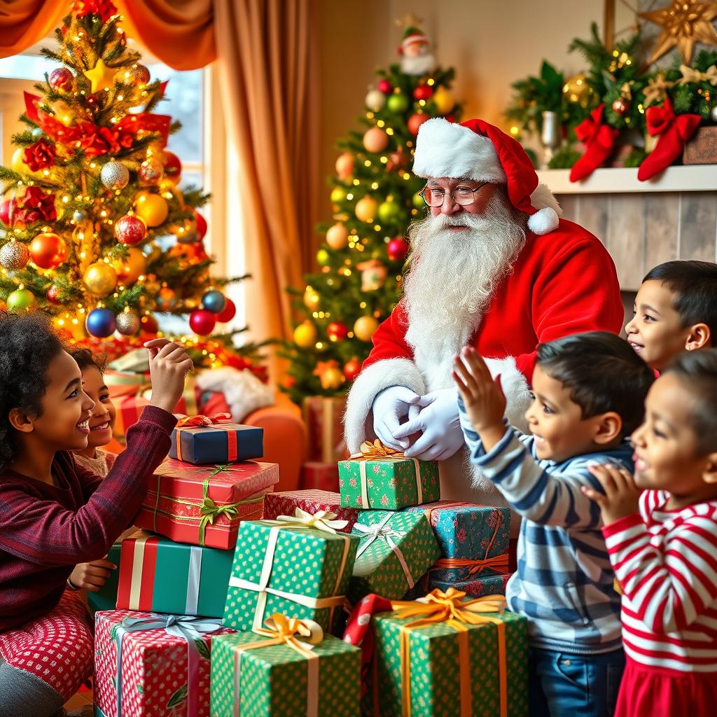 A real Santa Claus in a cozy room decorated for Christmas, standing next to a beautifully adorned Christmas tree with colorful ornaments