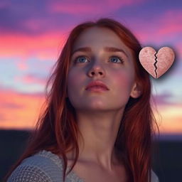 A beautiful red-haired girl gazing lost into the distance, her expression capturing a sense of longing and nostalgia