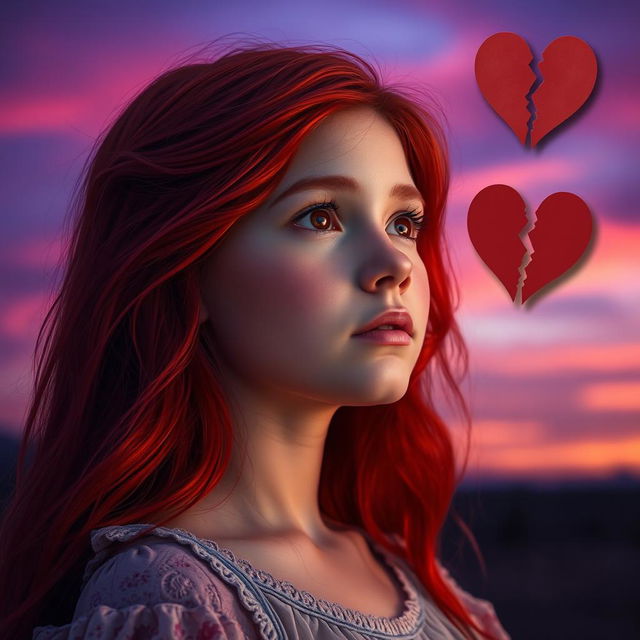 A beautiful red-haired girl gazing lost into the distance, her expression capturing a sense of longing and nostalgia