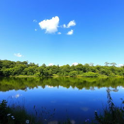 A serene landscape featuring a tranquil lake surrounded by lush green forests under a clear blue sky