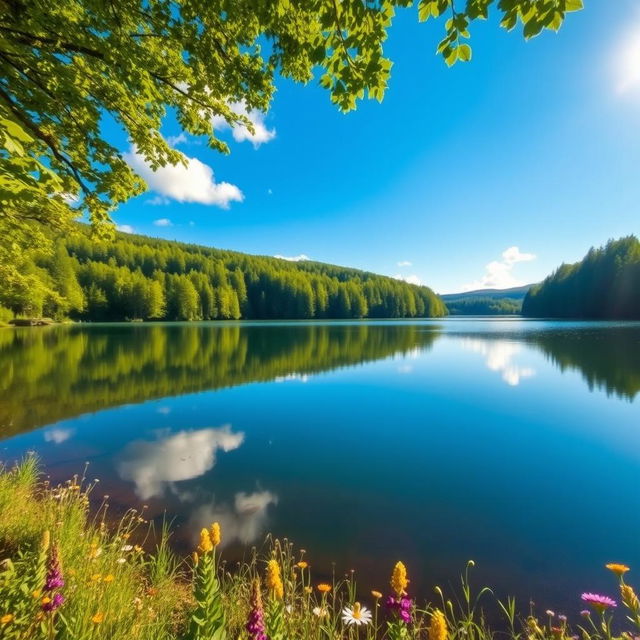 A serene landscape featuring a tranquil lake surrounded by lush green forests under a clear blue sky