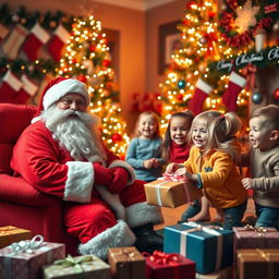 A cheerful and jolly Santa Claus with a big white beard and a classic red suit, sitting in a cozy room filled with warm Christmas decorations