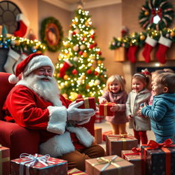 A cheerful and jolly Santa Claus with a big white beard and a classic red suit, sitting in a cozy room filled with warm Christmas decorations