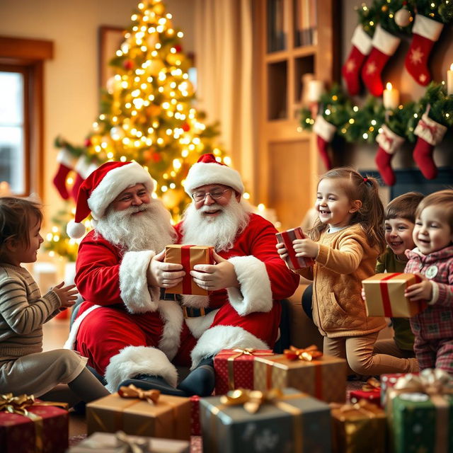 A cheerful and jolly Santa Claus with a big white beard and a classic red suit, sitting in a cozy room filled with warm Christmas decorations