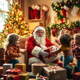 A cheerful and jolly Santa Claus with a big white beard and a classic red suit, sitting in a cozy room filled with warm Christmas decorations