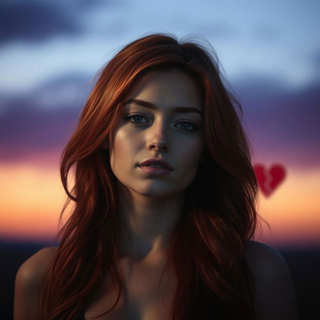 A beautiful, sexy red-haired woman with a lost and contemplative gaze, exuding a captivating allure