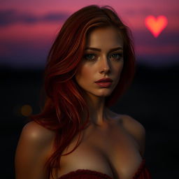 A beautiful, sexy red-haired woman with a lost and contemplative gaze, exuding a captivating allure