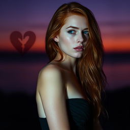 A beautiful, sexy red-haired woman with a lost and contemplative gaze, exuding a captivating allure