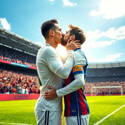 A fantastical scene depicting the famous footballers Cristiano Ronaldo and Lionel Messi sharing a tender kiss on a lush green football field