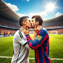 A fantastical scene depicting the famous footballers Cristiano Ronaldo and Lionel Messi sharing a tender kiss on a lush green football field