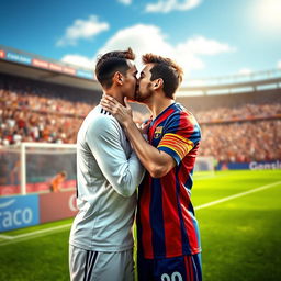 A fantastical scene depicting the famous footballers Cristiano Ronaldo and Lionel Messi sharing a tender kiss on a lush green football field