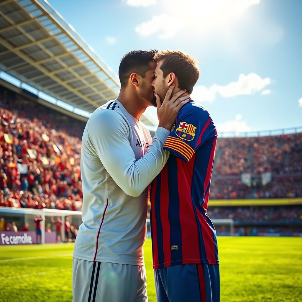 A fantastical scene depicting the famous footballers Cristiano Ronaldo and Lionel Messi sharing a tender kiss on a lush green football field