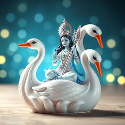 A beautifully designed Saraswati idol, featuring intricate details and adorned with white and blue colors, giving it a vibrant animated style