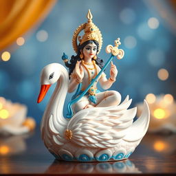A beautifully designed Saraswati idol, featuring intricate details and adorned with white and blue colors, giving it a vibrant animated style